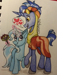 Size: 1961x2594 | Tagged: safe, artist:raritylover152, hoo'far, trixie, pony, saddle arabian, unicorn, g4, road to friendship, duo, female, looking at each other, male, mare, shipping, smiling, stallion, straight, traditional art, trixfar