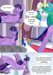 Size: 4961x7016 | Tagged: safe, artist:tigra0118, princess celestia, princess luna, twilight sparkle, alicorn, pony, comic:curse and madness, g4, absurd resolution, canterlot, canterlot castle, comic, crown, flying, frown, mlpcam, peytral, regalia, stained glass, text, text bubbles, throne, throne room, twilight sparkle (alicorn)