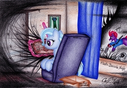 Size: 3184x2231 | Tagged: safe, artist:thechrispony, tempest shadow, trixie, pony, unicorn, g4, ash williams, bone, book, box, chainsaw, chair, clothes, crossover, evil dead, female, groovy, gun, h.p. lovecraft, high res, mare, necronomicon, parody, picture frame, skeleton, traditional art, weapon