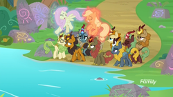 Size: 1920x1080 | Tagged: safe, screencap, applejack, autumn afternoon, cinder glow, fern flare, fluttershy, forest fall, maple brown, pumpkin smoke, sparkling brook, spring glow, summer flare, winter flame, earth pony, kirin, pegasus, pony, g4, sounds of silence, background kirin, discovery family logo, female, glowing horn, horn, levitation, magic, magic aura, male, mare, pensive, sad, scared, stream of silence, telekinesis, water, worried