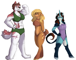 Size: 6898x5452 | Tagged: dead source, safe, artist:shellielle, oc, oc only, oc:annie belle, oc:harley pyrite, oc:olive branch, deer pony, diamond dog, dracony, hybrid, original species, unicorn, anthro, digitigrade anthro, unguligrade anthro, absurd resolution, bikini, breasts, clothes, commission, female, female diamond dog, gift art, mare, muscles, one-piece swimsuit, swimsuit