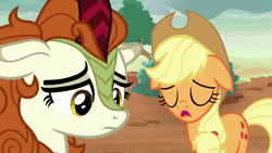 Size: 1920x1080 | Tagged: safe, screencap, applejack, autumn blaze, earth pony, kirin, pony, g4, sounds of silence, animated, bait and switch, bipedal, cute, duo, female, floppy ears, funny, funny as hell, i'd rather sing, mare, singing, sound, webm