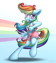 Size: 1920x2160 | Tagged: safe, artist:ohemo, rainbow dash, pegasus, anthro, g4, bound wings, clothes, cute, dashabetes, female, looking at you, race, rope, shorts, smiling