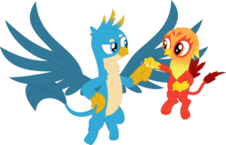 Size: 3591x2314 | Tagged: safe, artist:porygon2z, gallus, oc, oc:heatwave, griffon, g4, chickub, fist bump, high res, male, paws, simple background, spread wings, transparent background, vector, wings