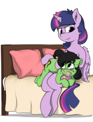 Size: 1388x1820 | Tagged: source needed, safe, artist:crownhound, twilight sparkle, oc, oc:filly anon, alicorn, earth pony, pony, g4, abuse, angry, bed, blushing, butt blush, butt touch, crying, discipline, ear fluff, female, filly, hoof on butt, looking back, mama twilight, over the knee, simple background, sitting, sitting on lap, spank mark, spanking, transparent background, twilight sparkle (alicorn)