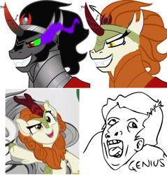 Size: 1024x1069 | Tagged: safe, autumn blaze, king sombra, kirin, g4, sounds of silence, crown, cursed image, derail in the comments, flowing mane, genius, glowing eyes, horn, jewelry, looking up, meme, open mouth, recolor, regalia, simple background, smiling, teeth, white background