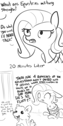 Size: 1280x2560 | Tagged: safe, artist:tjpones, fluttershy, dog, pegasus, pony, g4, argument in the comments, betrayal, bondage, bound, chest fluff, comic, debate in the comments, dialogue, ear fluff, female, fluffy, funny, good boy, grayscale, interrogation, lineart, mare, monochrome, offscreen character, psychological torture, pure unfiltered evil, rope, rope bondage, simple background, sweat, tail, tail wag, that pony sure does love animals, tied up, torture, unsexy bondage, white background