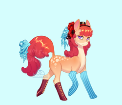 Size: 967x826 | Tagged: safe, artist:ladychimaera, oc, oc only, earth pony, pony, blue background, body markings, boots, clothes, digital art, dock, female, hat, looking at you, mare, pale belly, purple eyes, ribbon, shoes, signature, simple background, smiling, socks