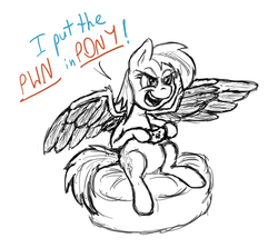 Size: 740x660 | Tagged: safe, anonymous artist, rainbow dash, pegasus, pony, g4, 4chan, beanbag chair, boasting, colored text, controller, drawthread, female, gamerdash, monochrome, pun, simple background, sketch, solo, video game