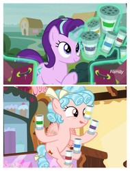 Size: 3106x4096 | Tagged: safe, screencap, cozy glow, starlight glimmer, pegasus, pony, unicorn, g4, marks for effort, road to friendship, female, filly, flying, food, glowing horn, horn, magic, magic aura, mare, spice (food), sprinkles, telekinesis