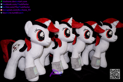 Size: 3750x2500 | Tagged: safe, artist:kiashone, oc, oc:blackjack, pony, unicorn, fallout equestria, fallout equestria: project horizons, group, high res, irl, photo, pipbuck, plushie, qr code, quartet, self paradox, self ponidox