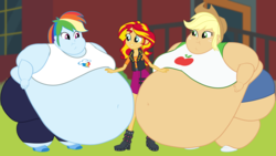 Size: 1920x1080 | Tagged: safe, artist:neongothic, applejack, rainbow dash, sunset shimmer, fanfic:a 1000 pound cowgirl?!? i don't think so!, equestria girls, g4, amplejack, applefat, bbw, belly, belly button, bingo wings, chubby cheeks, double chin, fat, female, illustration, impossibly large belly, lesbian, morbidly obese, near immobile, obese, polyamory, rainblob dash, ship:appleshimmer, shipping, ssbbw, story included, sunsetdash, weight gain