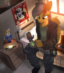 Size: 2200x2500 | Tagged: safe, artist:passigcamel, oc, oc only, cyborg, pegasus, anthro, plantigrade anthro, fallout equestria, amputee, bed, bedroom, bionic arm, cigar, clothes, commission, fallout, high res, jacket, leather jacket, nuka cola, nuka girl, pants, poster, prosthetic limb, prosthetics, repairing, self-repair, shoes, sitting, solo, toolbox, vault boy