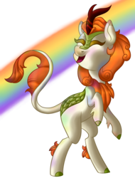 Size: 1600x2105 | Tagged: safe, artist:firepetalfox, autumn blaze, kirin, g4, sounds of silence, eyes closed, open mouth, rainbow, rearing, simple background, transparent background