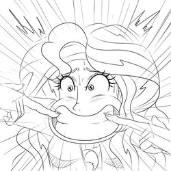 Size: 1024x1024 | Tagged: safe, artist:albertbm, sunset shimmer, epic fails, equestria girls, g4, my little pony equestria girls: summertime shorts, clothes, cutie mark, female, grin, jacket, leather jacket, lineart, monochrome, scene interpretation, silly, smiling, solo, sunset shimmer is best facemaker