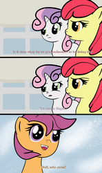 Size: 1280x2160 | Tagged: safe, artist:undisputed, apple bloom, scootaloo, sweetie belle, earth pony, pegasus, pony, unicorn, g4, comic, cutie mark crusaders, description is relevant, dialogue, drawthread, fate/kaleid liner prisma illya, female, filly, ponified, request, trio