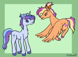 Size: 1702x1260 | Tagged: safe, artist:misskanabelle, oc, oc only, oc:clementine skies, oc:mirage, pegasus, pony, unicorn, :p, abstract background, chest fluff, duo, female, flying, horn, magical lesbian spawn, mare, next generation, offspring, parent:amethyst star, parent:spitfire, parent:starlight glimmer, parent:trixie, parents:spitstar, parents:startrix, pegasus oc, signature, simple background, smiling, tongue out, unicorn oc, unshorn fetlocks, wings