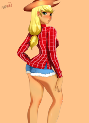 Size: 2900x4000 | Tagged: safe, artist:aldharoku, applejack, equestria girls, g4, applebutt, clothes, female, looking at you, looking back, looking back at you, shorts, simple background, solo