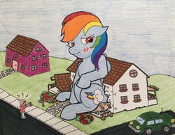 Size: 3628x2815 | Tagged: safe, artist:jamestkelley, rainbow dash, human, pony, g4, blushing, car, destruction, giant pony, high res, house, macro, sitting, traditional art