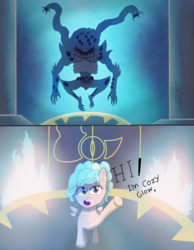Size: 1700x2194 | Tagged: safe, artist:infinita est lux solis, cozy glow, g4, 2 panel comic, chaos, comic, daemon, evil, fire, magic, text, this will end in chaos, this will end in death, this will end in demons, this will end in heresy, this will end in tears and/or death, tzeentch, warhammer (game), warhammer 40k, xk-class end-of-the-world scenario
