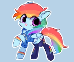 Size: 1440x1200 | Tagged: safe, artist:卡尔萨斯的小歌迷, rainbow dash, pegasus, pony, equestria girls, equestria girls series, blue background, clothes, cute, dashabetes, ear fluff, equestria girls outfit, equestria girls ponified, female, hoodie, looking at you, mare, open mouth, pixiv, ponified, simple background, socks, solo