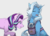 Size: 933x675 | Tagged: safe, artist:gamblingfoxinahat, starlight glimmer, trixie, oc, oc:gimmick, changepony, classical unicorn, hybrid, pony, unicorn, g4, baby, baby carrier, cloven hooves, gray background, horn, interspecies offspring, leonine tail, offspring, parent:pharynx, parent:trixie, parents:phartrix, simple background, sleeping, story in the source, unshorn fetlocks