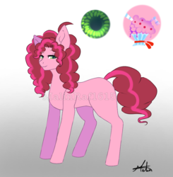 Size: 834x850 | Tagged: safe, artist:malinraf1615, oc, oc only, oc:bright pastel pie, earth pony, pony, female, gradient background, mare, offspring, parent:cheese sandwich, parent:pinkie pie, parents:cheesepie, reference sheet, signature, solo, watermark