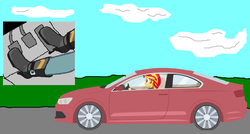 Size: 1310x704 | Tagged: safe, sunset shimmer, equestria girls, g4, boots, car, jetta, legs, pedal, road, shoes, volkswagen