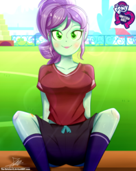 Size: 920x1160 | Tagged: safe, artist:the-butch-x, part of a set, crystal lullaby, human, equestria girls, g4, background human, breasts, busty crystal lullaby, butch's hello, clothes, cute, equestria girls logo, female, looking at you, lulladorable, school uniform, sitting, smiling, socks, solo, sports, sweat, thigh highs, uniform