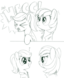 Size: 1280x1562 | Tagged: safe, artist:brisineo, oc, oc only, oc:roulette, oc:sunny hymn, earth pony, pony, 2 panel comic, clothes, comic, cute, eye contact, female, frown, glare, heart, heck, innocent, lidded eyes, looking at each other, mare, ponytail, reaction, shirt, simple background, smiling, squee, starry eyes, surprised, swearing, unamused, white background, wide eyes, wingding eyes, yelling