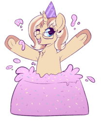 Size: 700x840 | Tagged: safe, artist:lulubell, oc, oc only, oc:lulubell, pony, armpits, birthday, cake, food, frosting, popping out of a cake, simple background, solo, transparent background