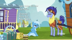 Size: 1920x1080 | Tagged: safe, screencap, hoo'far, trixie, pony, saddle arabian, unicorn, g4, road to friendship, bucket, credits, discovery family logo, duo, female, male, mare, ms. powerful, opening credits, stallion, trixie's wagon