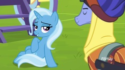 Size: 1920x1080 | Tagged: safe, screencap, hoo'far, trixie, pony, saddle arabian, unicorn, g4, road to friendship, discovery family logo, eyes closed, female, lidded eyes, male, mare, ms. powerful, sitting, stallion