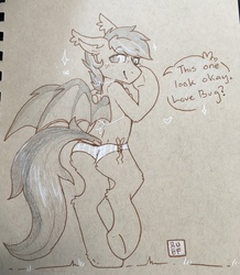 Size: 1654x1900 | Tagged: safe, artist:ruef, oc, oc only, oc:melting, bat pony, pony, bikini, clothes, crossdressing, looking back, sketch, solo, sparkle, swimsuit, traditional art