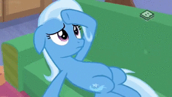 Size: 1280x720 | Tagged: safe, screencap, trixie, pony, unicorn, g4, road to friendship, animated, belly, boomerang (tv channel), couch, draw me like one of your french girls, female, horn, mare, office, solo, sound, starlight's office, webm