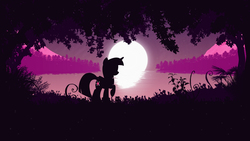Size: 1920x1080 | Tagged: safe, artist:probaldr, twilight sparkle, alicorn, pony, g4, cutie mark, female, hooves, horn, lineless, mare, moon, night, scenery, silhouette, solo, standing, tree, twilight sparkle (alicorn), wallpaper, water, wings