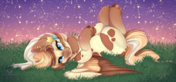 Size: 1600x749 | Tagged: safe, artist:pvrii, oc, oc only, oc:heavenly hazelnut, pegasus, pony, constellation, digital art, ear piercing, female, grass, looking at you, lying down, mare, piercing, signature, solo, spread wings, stars, wings