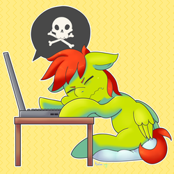 Size: 2000x2000 | Tagged: safe, artist:talimingi, oc, oc only, oc:greeny awkward, pegasus, pony, computer, grumpy, heat, high res, laptop computer, male, simple background, solo, table