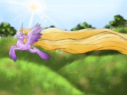 Size: 2048x1536 | Tagged: safe, artist:melonseed11, alicorn, pony, disney, female, flying, mare, ponified, rapunzel, solo, tangled (disney)