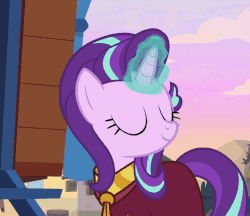 Size: 686x594 | Tagged: safe, screencap, starlight glimmer, pony, unicorn, g4, road to friendship, season 8, animated, clothes, eyes closed, female, glowing horn, horn, mare, robe, solo
