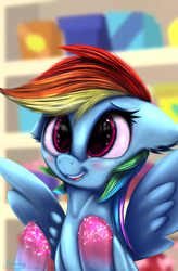 Size: 2940x4480 | Tagged: safe, artist:darksly, rainbow dash, pegasus, pony, g4, the end in friend, blushing, cute, dashabetes, female, glitter, mare, open mouth, smiling, solo, sparkly hooves, spread wings, wings