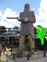 Size: 1024x1365 | Tagged: safe, artist:didgereethebrony, sheriff silverstar, oc, oc:didgeree, g4, armor, cowboy hat, gun, hat, helmet, mlp in australia, ned kelly, sheriff's badge, statue, weapon