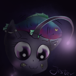 Size: 500x500 | Tagged: safe, artist:jesterpi, oc, oc only, oc:deep lilly, angler fish, fish, merpony, trout, angler seapony, bust, cute, dark, female, glowing, mare, purple background, purple eyes, simple background, smiling, underwater