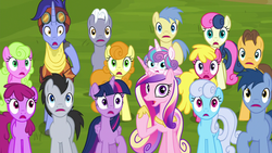 Size: 1280x720 | Tagged: safe, screencap, berry punch, berryshine, blues, bon bon, caramel, carrot top, cherry berry, daisy, flower wishes, golden harvest, goldengrape, hoo'far, linky, lucky clover, noteworthy, princess cadance, princess flurry heart, royal riff, shoeshine, sir colton vines iii, sweetie drops, twilight sparkle, alicorn, earth pony, pony, saddle arabian, unicorn, g4, road to friendship, aunt and niece, auntie twilight, background pony, background pony audience, female, goggles, male, mare, mother and daughter, stallion, twilight sparkle (alicorn)