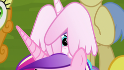 Size: 1280x720 | Tagged: safe, screencap, carrot top, golden harvest, goldengrape, princess cadance, princess flurry heart, sir colton vines iii, alicorn, earth pony, pony, g4, road to friendship, baby, baby pony, cute, female, flurry heart riding cadance, flurrybetes, male, mare, mother and daughter, peeking, ponies riding ponies, pony hat, riding, scared, stallion