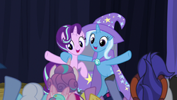 Size: 1280x720 | Tagged: safe, screencap, starlight glimmer, trixie, alicorn, pony, saddle arabian, unicorn, g4, road to friendship, bipedal, female, male, mare, stallion