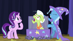 Size: 1280x720 | Tagged: safe, screencap, granny smith, starlight glimmer, trixie, earth pony, pony, unicorn, g4, road to friendship, bipedal, chains, chest, female, mare, stage