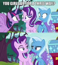 Size: 600x675 | Tagged: safe, edit, edited screencap, screencap, starlight glimmer, trixie, twilight sparkle, alicorn, pony, unicorn, g4, road to friendship, cape, clothes, female, image macro, implied lesbian, implied sex, implied threesome, mare, meme, memeful.com, trixie's cape, twilight sparkle (alicorn)