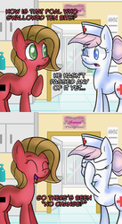 Size: 600x1098 | Tagged: safe, artist:wolfy987, nurse redheart, oc, oc:pun, earth pony, pony, g4, facehoof, female, mare