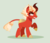 Size: 672x572 | Tagged: safe, artist:everythingf4ngirl, oc, oc only, oc:crimson kinder, cloven hooves, green background, interspecies offspring, kirin hybrid, kirin pony hybrid, magical lesbian spawn, male, offspring, parent:applejack, parent:autumn blaze, parents:autumnjack, raised hoof, simple background, solo